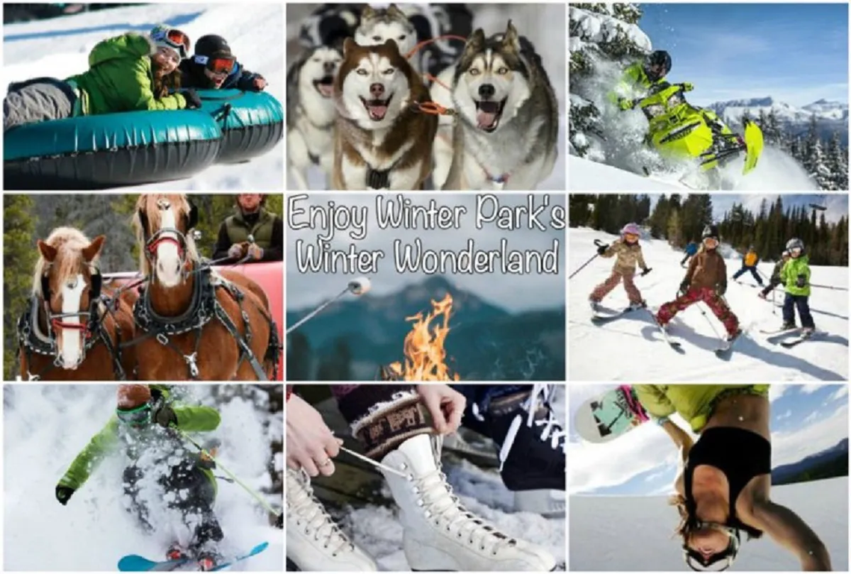 A lively winter scene showing families and friends tubing down snowy hills, huskies pulling sleds, snowmobiles in action, children learning to ski, and a cozy campfire for marshmallow roasting. The image bursts with energy and showcases a range of outdoor snow activities.