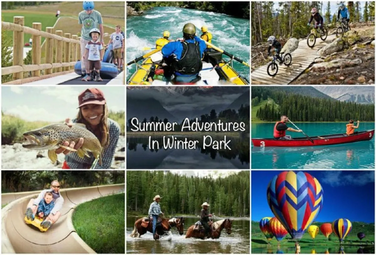 A vibrant, collage-like image featuring families and friends enjoying a variety of outdoor activities such as rafting, biking, fishing, horseback riding, and hot air ballooning. The setting transitions through different seasons, highlighting both summer and adventure sports.