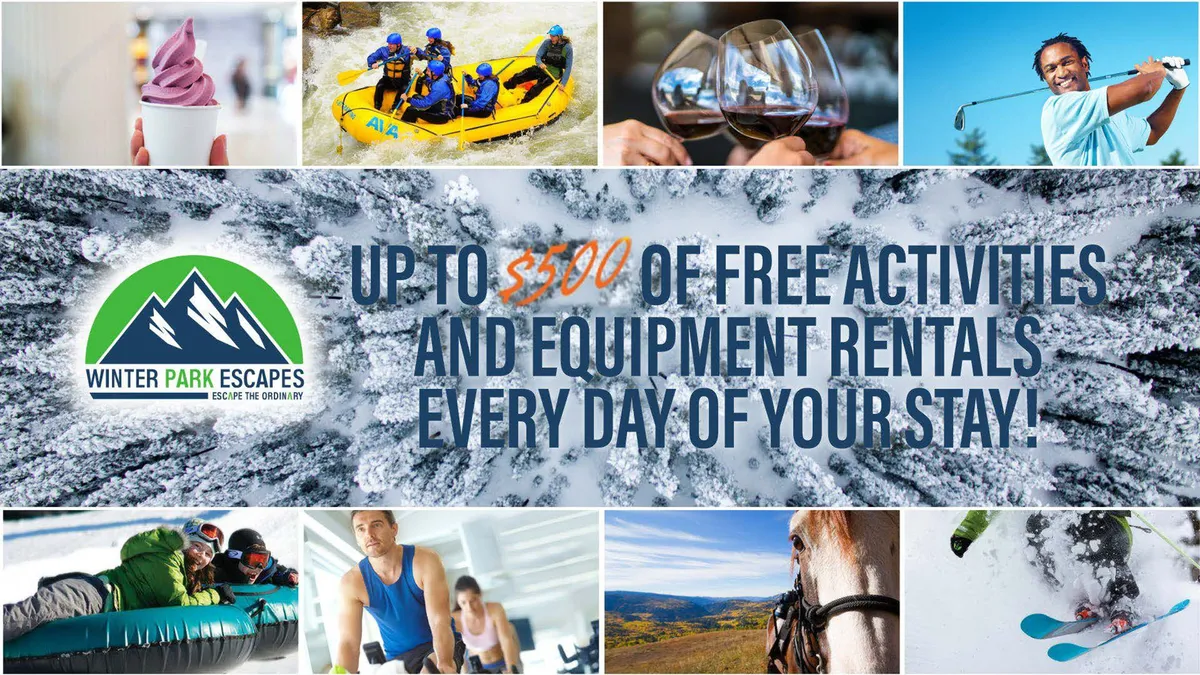 A lively collage featuring outdoor adventure activities—rafting, skiing, horseback riding, snow tubing, wine tasting—alongside groups of family and friends against scenic mountain backdrops. The imagery conveys the variety of experiences available just beyond the home.